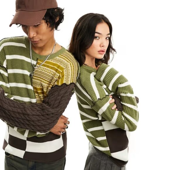 NWT - Reclaimed Vintage Unisex Spliced Patchwork & Striped Knit Sweater - M/US6 - Picture 4 of 10